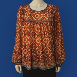 AVARA Tomato Red Ethnic Floral Patterned Puff Sleeve Oversized Chiffon Top Large